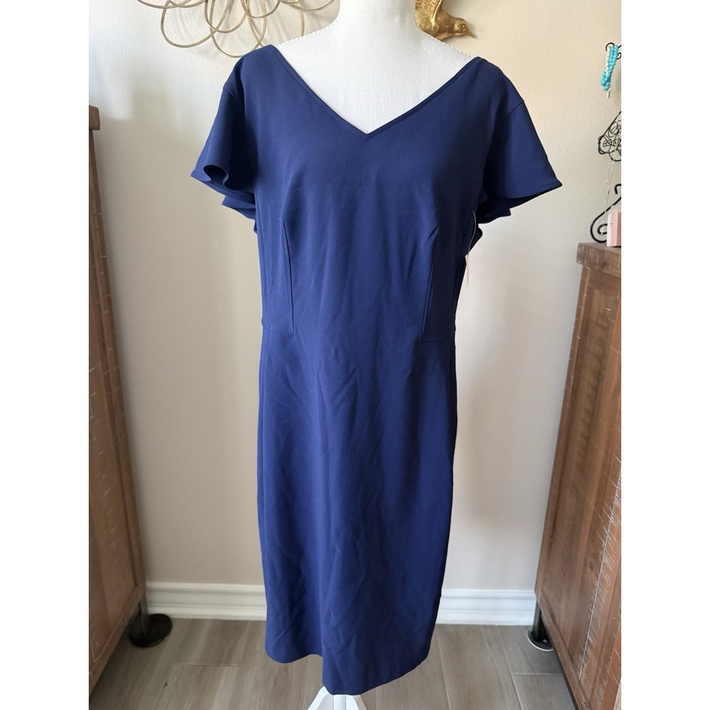 Lark & Ro Double V Neck Sheath Dress 16 Navy Blue Flutter Sleeve Stretc